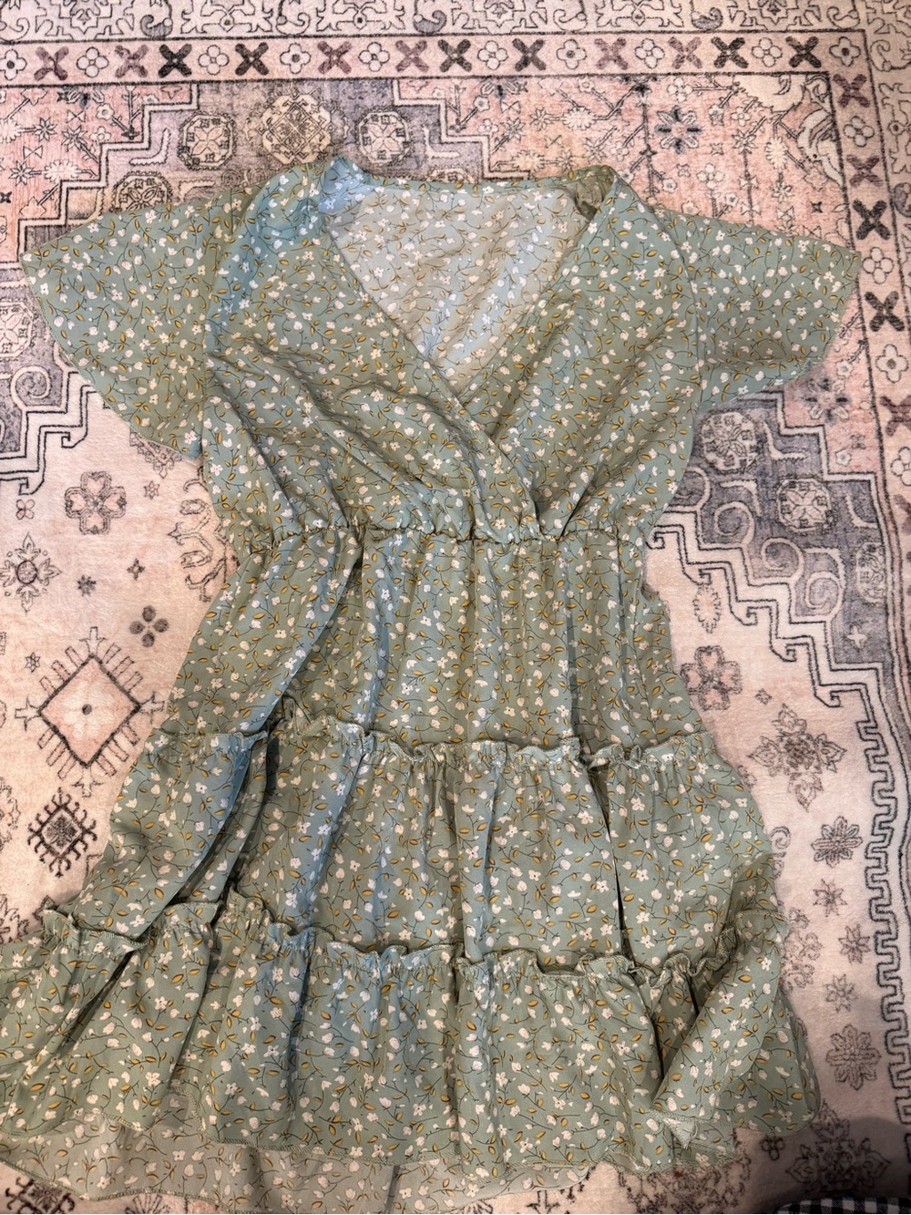 SHEIN Sage Green Floral Tiered Wrap Dress
